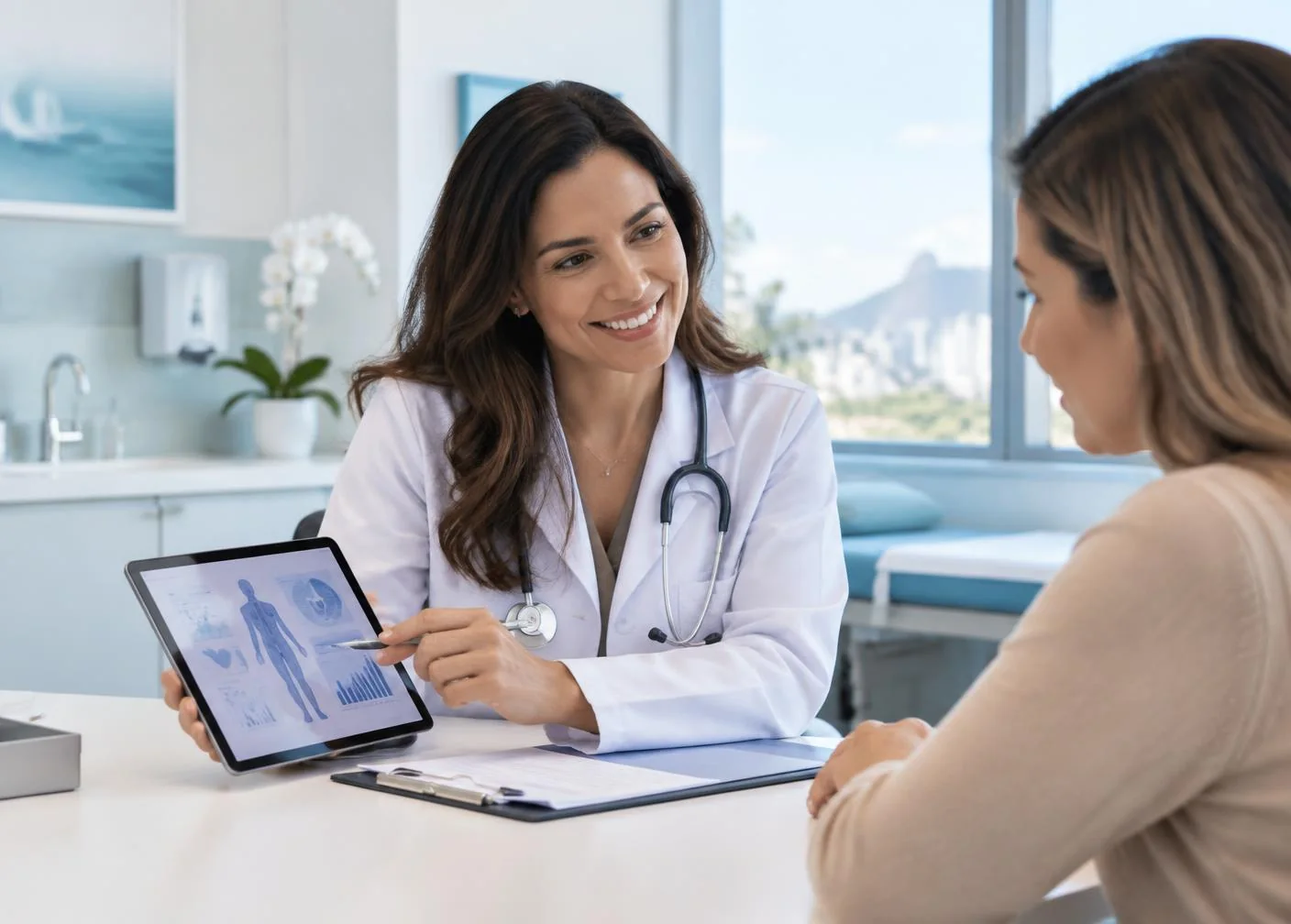 Médica orientando paciente com apoio de tecnologia