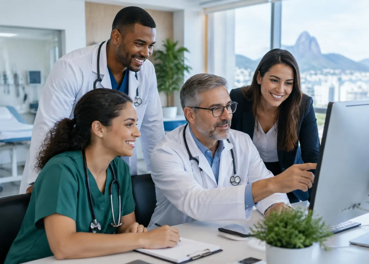Equipe multidisciplinar de saúde trabalhando em conjunto